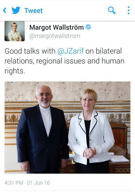 توئیت وزیر خارجه سوئد پس از دیدار با ظریف (تصویر)