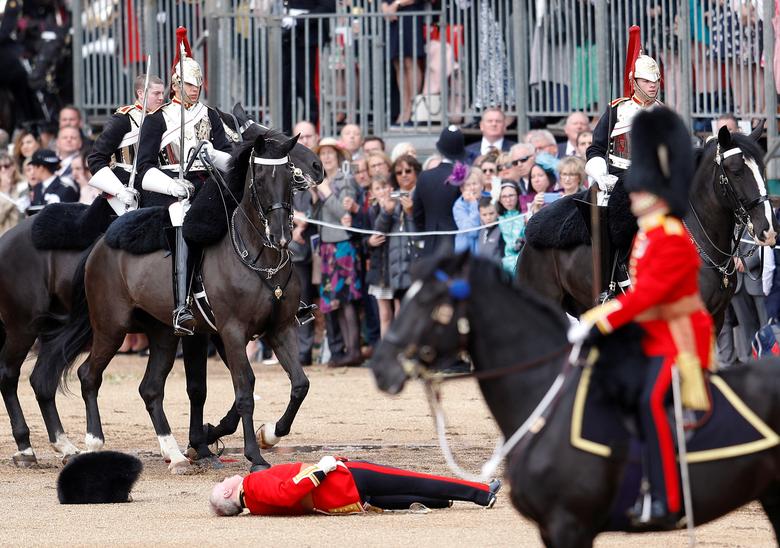 افتادن یک عضو گارد تشریفات لندن از روی اسب در یک جشنواره