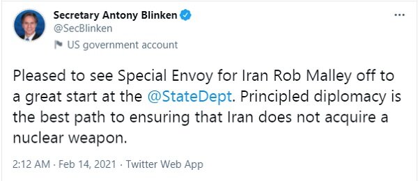 پیام توئیتری وزیر امور خارجه آمریکا درباره ایران