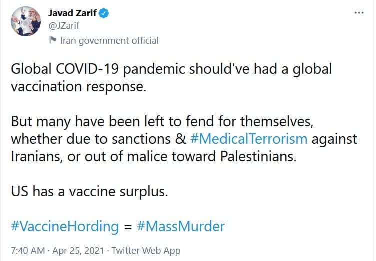 ظریف: همه‌گیری جهانی کرونا باید با واکسیناسیون جهانی پاسخ داده شود