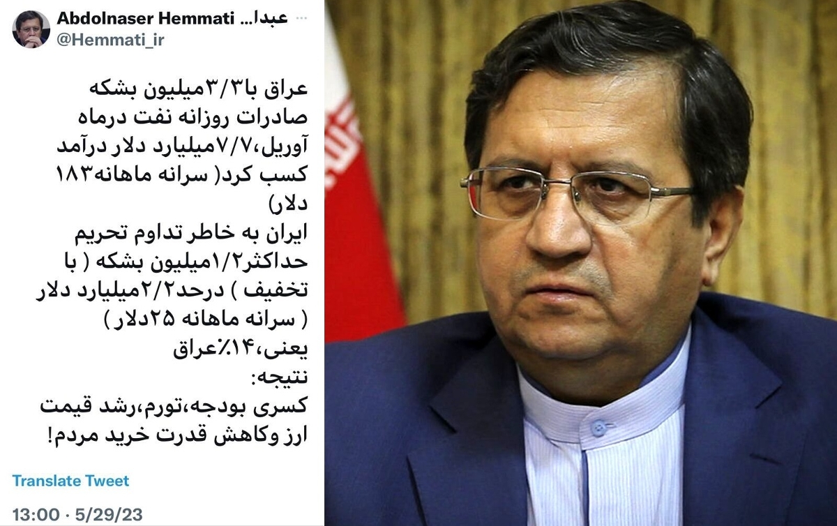 همتی: ایران در ماه آوریل به خاطر تداوم تحریم‌ها فقط ۱۴ درصد سرانه ماهانه عراق درآمد نفتی کسب کرد